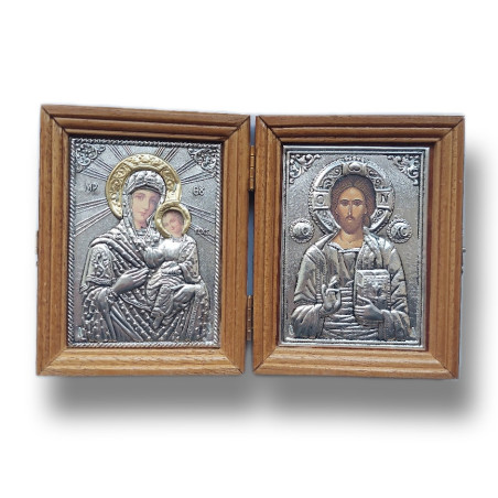Diptych dřevěný s kovovými ikonami Krista a Panny Marie